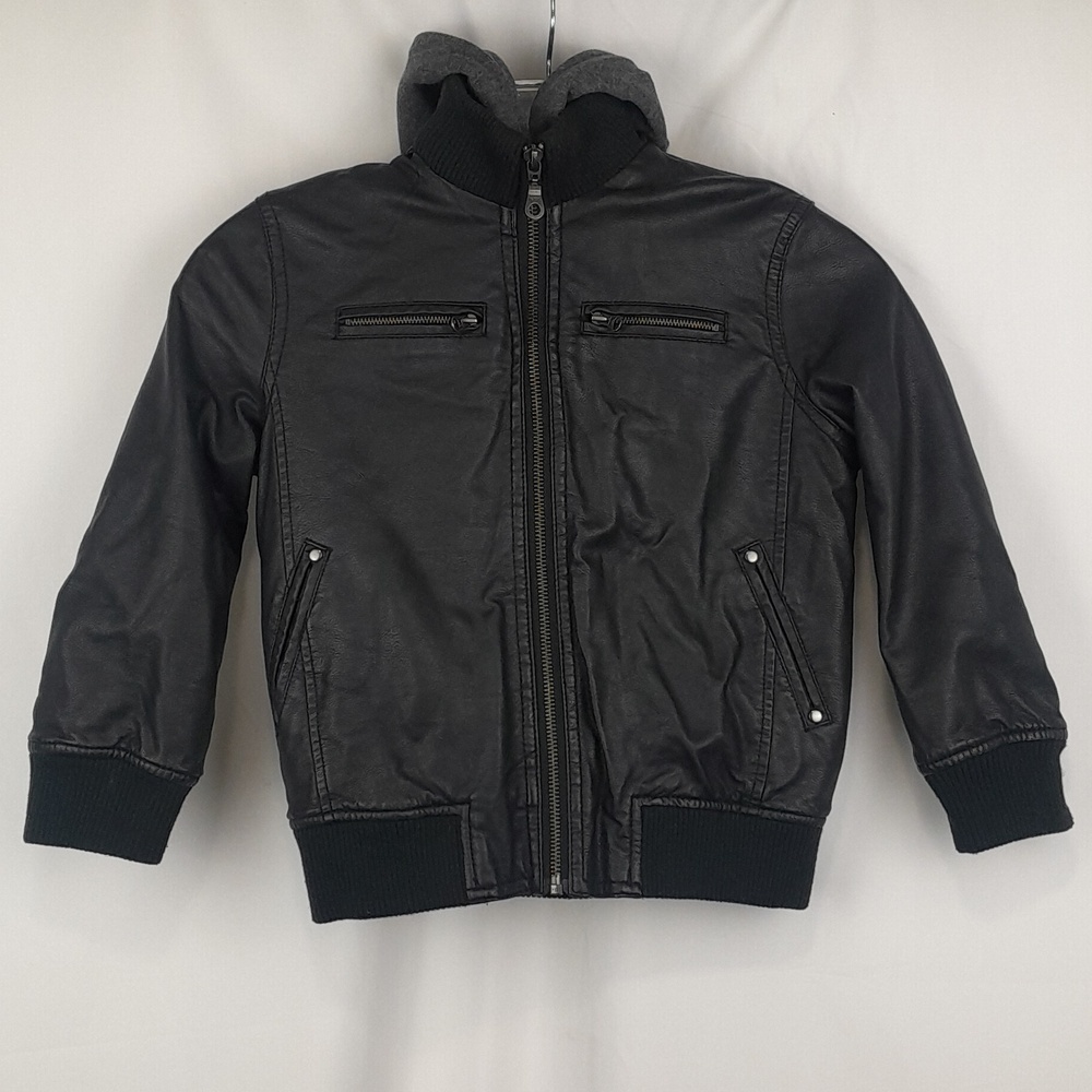 First Wave Black Soft Pleather Faux Leather Gray Hooded Streetwear Zip Up Jacket